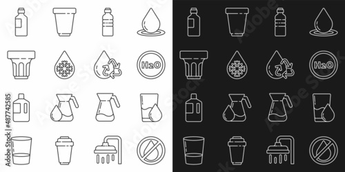 Set line Water drop forbidden, Glass with water, Chemical formula H2O, Bottle of, Defrosting, and Recycle clean aqua icon. Vector