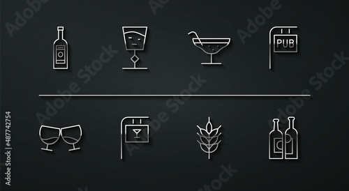 Set line Glass bottle of vodka, cognac or brandy, Street signboard with Pub, Hop, Bar, Wine glass, Bottles wine and Cocktail icon. Vector