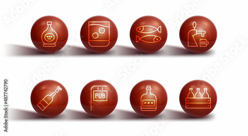 Set line Bottle of cognac or brandy, Opened bottle wine, Beer tap with glass, Alcohol drink Rum, Street signboard Pub, Glass whiskey, Bottles wooden box and Dried fish icon. Vector