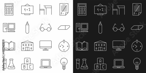 Set line Light bulb with concept of idea, Clock, Eraser or rubber, School table and chair, Marker pen, Computer monitor, Calculator and Glasses icon. Vector