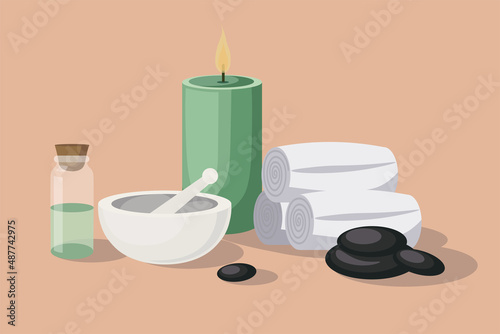 Vector illustration natural cosmetic and bath supplies on beige background. Promotion template design spa massage and beauty salon in cartoon style.