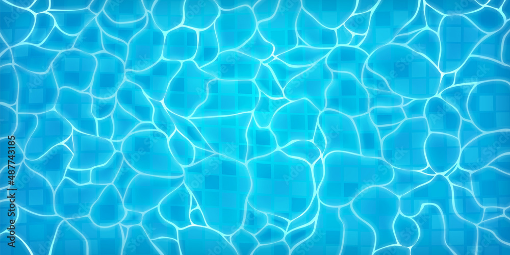 Realistic swimming pool bottom with blue water waves texture. Summer aqua surface with caustics ripples. Spa pool top view vector background