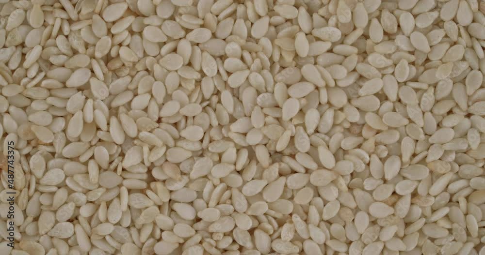 Top view of white sesame seeds rotating. Closeup. Macro. Top view of white sesame seeds rotating. Closeup. Macro.