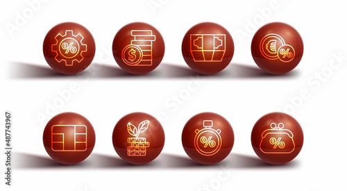 Set line Gear with percent, Credit card chip, Money coin, Stopwatch and, Dollar plant, Coin money dollar, Purse and Stacks paper cash icon. Vector