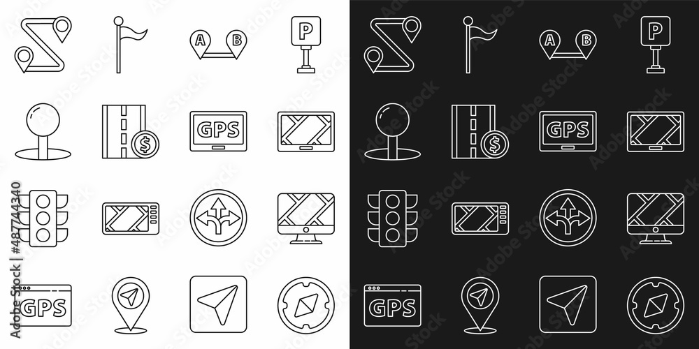 Set line Compass, Monitor with location marker, Gps device map, Route, Toll road traffic sign, Push pin, and icon. Vector