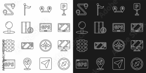 Set line Compass, Monitor with location marker, Gps device map, Route, Toll road traffic sign, Push pin, and icon. Vector