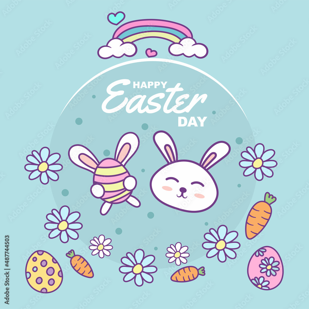 happy easter day with carrot egg bunny and flowers happy easter day with carrot egg bunny and flowers