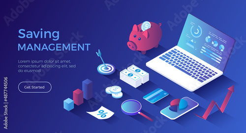 Financial savings management. Cost optimization, analysis and planning. Strategic distribution of business resources. Isometric landing page. Vector web banner.