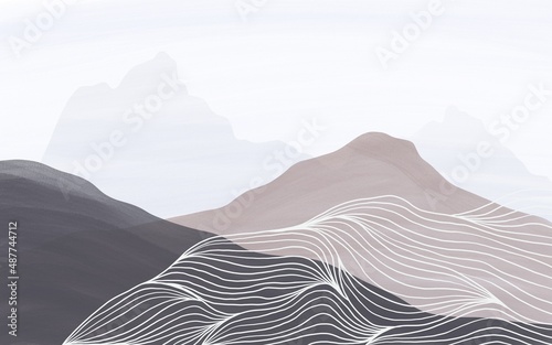 Abstract japanese landscape. Flat wavy boho aesthetic banner with curvy shapes. Trendy flat collage minimal design.