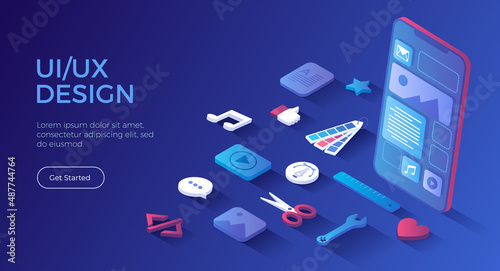 User Interface UI and User Experience UX design. Interface construction. Mobile application, program development. Isometric landing page. Vector web banner.