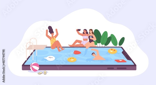 Social media concept with people swim in phone pool. Smartphone influence, online messages and apps. Social networks addiction vector poster