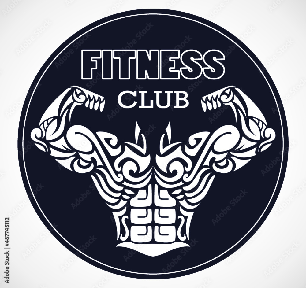 fitness club logo with stylized ornamental muscular body / vector illustration