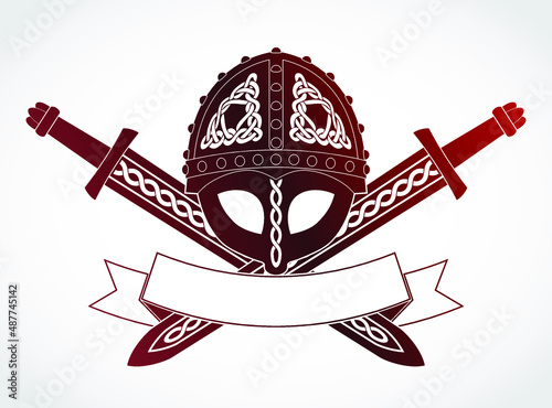viking heraldry symbol with helmet and crossed swords