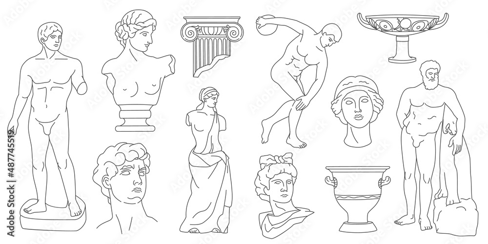 Obraz premium Line ancient greek statues and antique sculptures heads. Abstract mythology gods, columns, vase and amphora. Roman sculpture art vector set