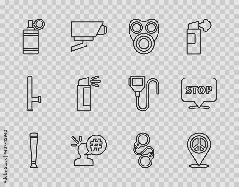 Set line Police rubber baton, Location peace, Gas mask, Protest, Hand grenade, Pepper spray, Handcuffs and icon. Vector Set line Police rubber baton, Location peace, Gas mask, Protest, Hand grenade, Pepper spray, Handcuffs and icon. Vector
