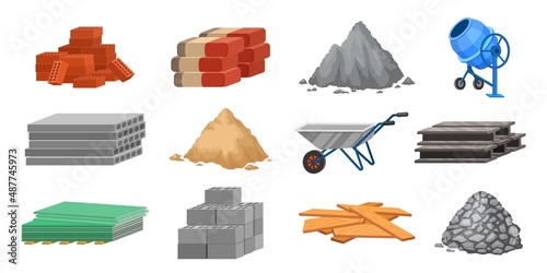 Construction material piles and equipment, cement, sand and bricks. Building blocks, wood planks, wheelbarrow and concrete mixer, vector set photo