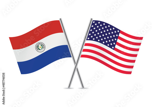 Paraguay and America crossed flags. Paraguayan and American flags, isolated on white background. Vector icon set. Vector illustration.
