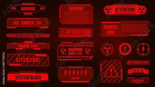 Futuristic HUD danger zone and alert caution screens. Warning and attention red hologram frames and signs. Cyber interface alarm vector set