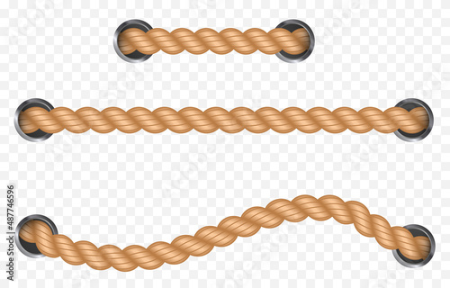 Vector set of nautical rope png. Nautical rope, whip on an isolated transparent background. Straight or twisted rope PNG. Decorative element.