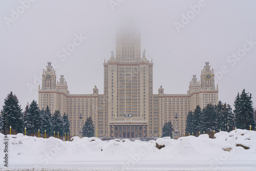 The Lomonosov Moscow State University in winter. Education in Russia, Stalinist architecture, Soviet Empire style concept