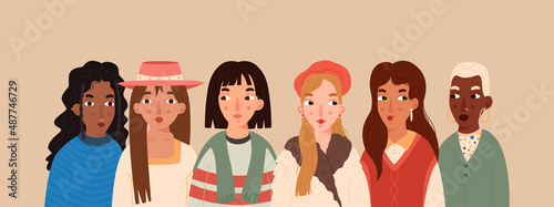 Cute diverse women portraits in modern flat style. Happy International Women's Day banner. Equality, diversity and sisterhood concept. Feminism and girl power. Vector illustration