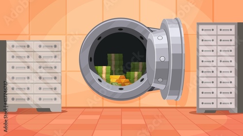 Bank safe room entrance with open metal door. Cartoon money secure storage with protection. Vault with bills and gold bars vector background