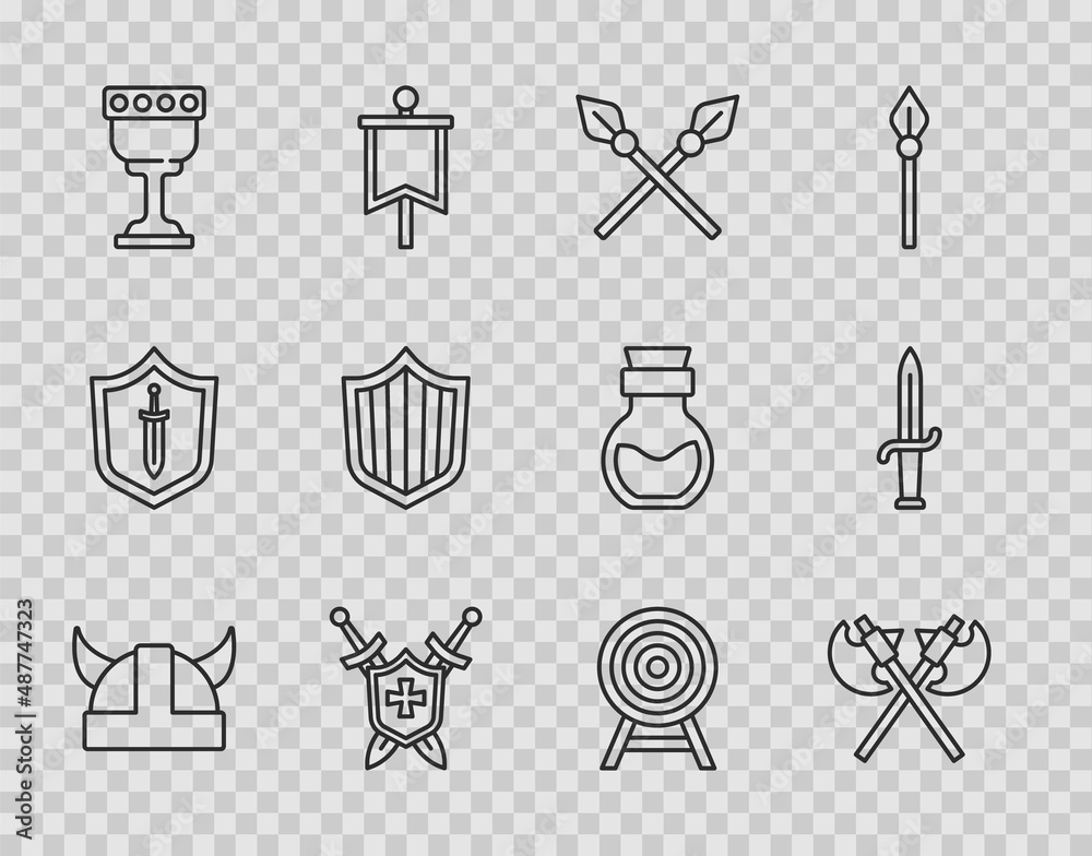 Set line Viking in horned helmet, Crossed medieval axes, spears, Medieval shield with swords, goblet, Shield, Target arrow and Dagger icon. Vector Set line Viking in horned helmet, Crossed medieval axes, spears, Medieval shield with swords, goblet, Shield, Target arrow and Dagger icon. Vector