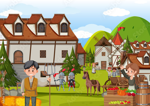 Ancient medieval village scene with villagers