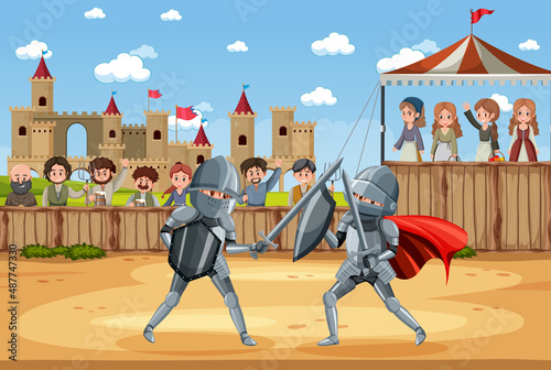 Medieval scene with two knights fighting together