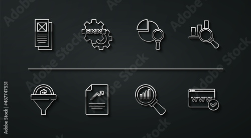 Set line Browser window, Lead management, Magnifying glass and analysis, Document with graph chart, Social media marketing, Website template and icon. Vector