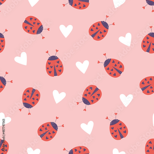 Ladybugs and hearts seamless background repeating pink pattern, wallpaper background, cute valentines ladybirds love background