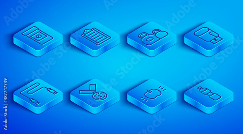 Set line Anabolic drugs, Sport training program, Kettlebell, Medal, Apple, Boxing glove, Jump rope and Bottle of water icon. Vector