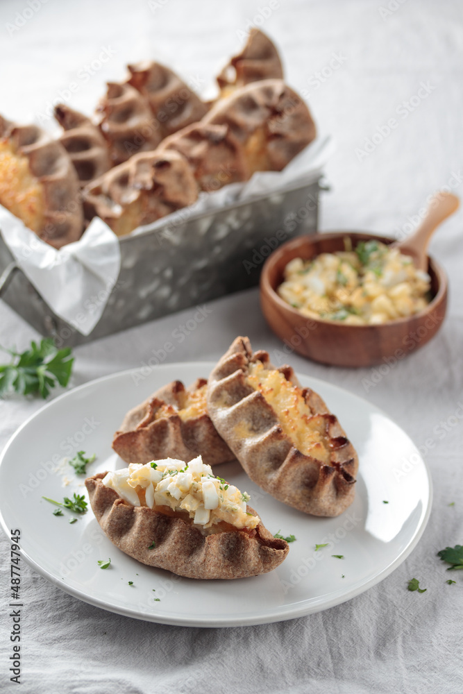 Traditional Finnish pastry - Karelian rye pie with rice porridge Traditional Finnish pastry - Karelian rye pie with rice porridge