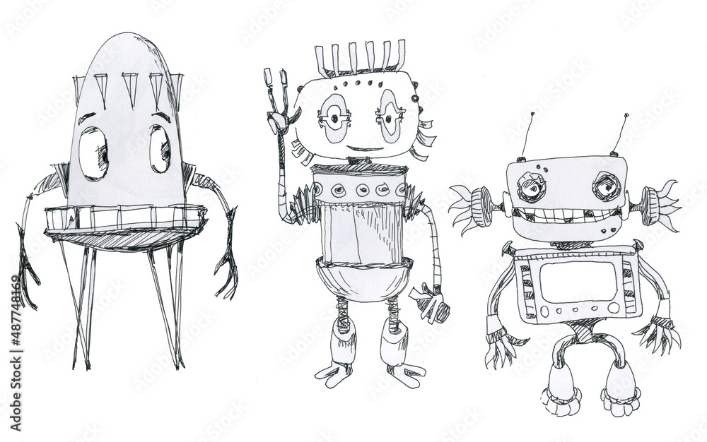 Robots friends came out for a walk. Three funny characters. Robots friends came out for a walk. Three funny characters.