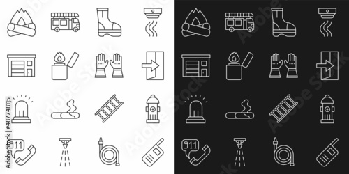 Set line Walkie talkie, Fire hydrant, exit, boots, Lighter, Building of fire station, Campfire and Firefighter gloves icon. Vector