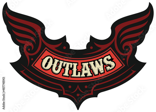 Vector emblem, patch with tribal ornaments and text outlaw. Vector biker logo design concept.