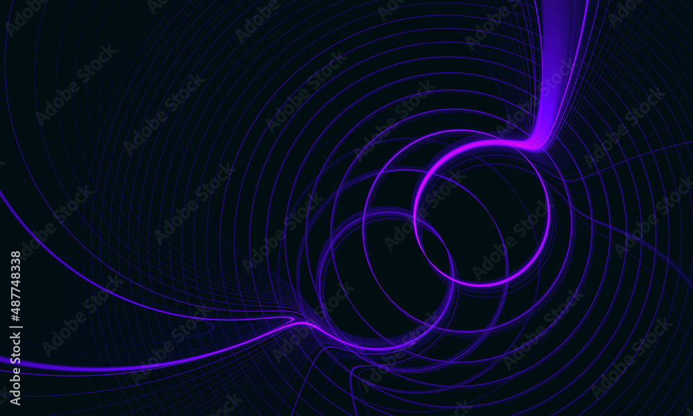 Purple violet neon glowing rings of fading spiral intersect and create connection in deep 3d space. Concept of sound wave, vibration, rhythm, electronic music. Great as cover print, design element. Purple violet neon glowing rings of fading spiral intersect and create connection in deep 3d space. Concept of sound wave, vibration, rhythm, electronic music. Great as cover print, design element.