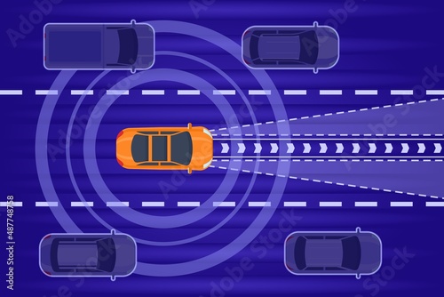 Smart autonomous car drive in traffic top view. Future car with radar technology system scan city road. Auto electric transport vector scene