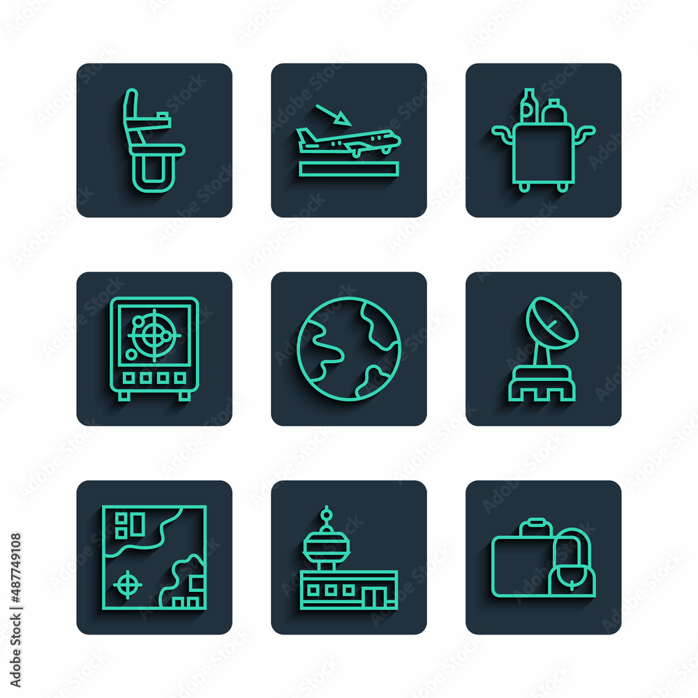 Set line World travel map, Airport control tower, Suitcase, Trolley for food, Worldwide, Radar with targets monitor, Airplane seat and icon. Vector Set line World travel map, Airport control tower, Suitcase, Trolley for food, Worldwide, Radar with targets monitor, Airplane seat and icon. Vector