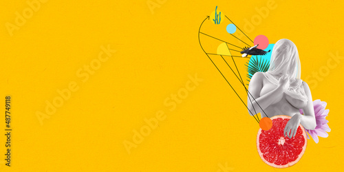 Creative design. Female bust covered with transparent viel isolated over yellow background