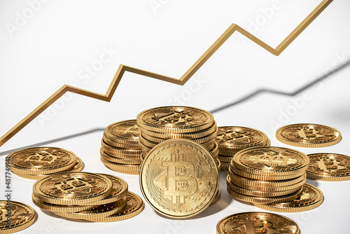 Bitcoin coins, crypto market, financial exchange, cryptocurrency growth 3d rendering