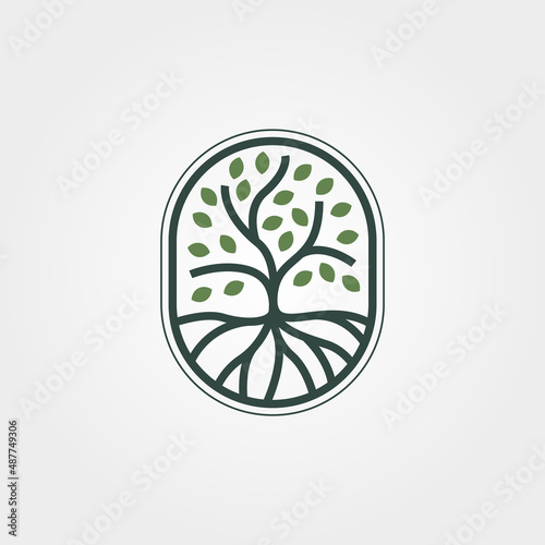 abstract tree minimal logo emblem vector design, oak tree line art logo design