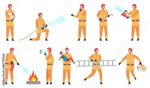 Photo Flat firefighter character with hose, bucket, fire extinguisher and ax