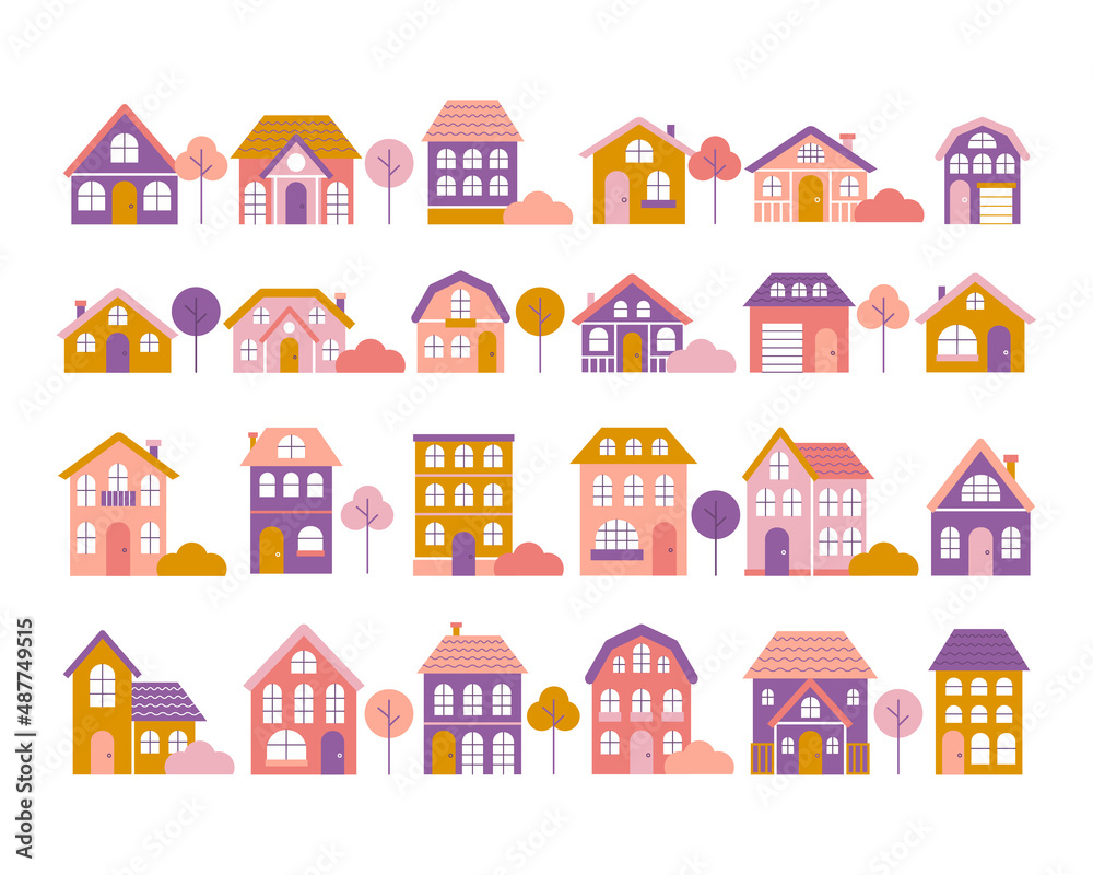 Big set of tiny houses with trees and bushes in flat style, small town, colorful facades