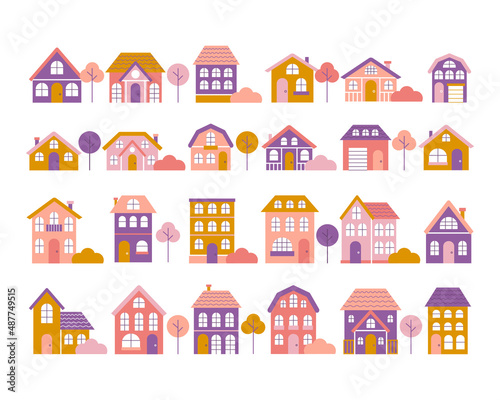 Big set of tiny houses with trees and bushes in flat style, small town, colorful facades