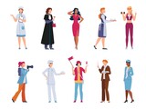 Women characters in profession uniform, judge, chef and professor. Flat female workers, guid, model and nurse. Woman job career vector set
