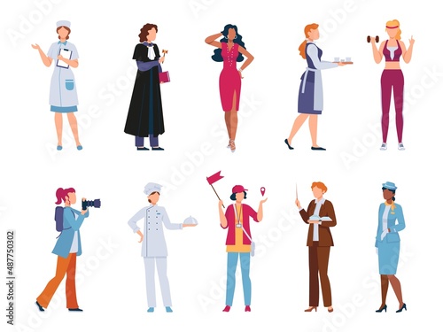 Women characters in profession uniform, judge, chef and professor. Flat female workers, guid, model and nurse. Woman job career vector set