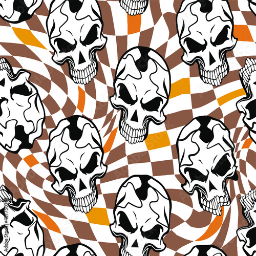 Abstract Hand Drawing Grunge Skulls Seamless Vector Pattern with Retro Checkered Optical Squares Background