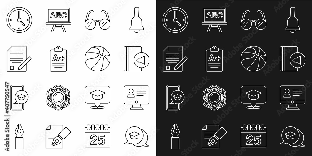 Set line Graduation cap in speech bubble, Online class, Audio book, Glasses, Exam sheet with plus grade, and pencil, Clock and Basketball ball icon. Vector