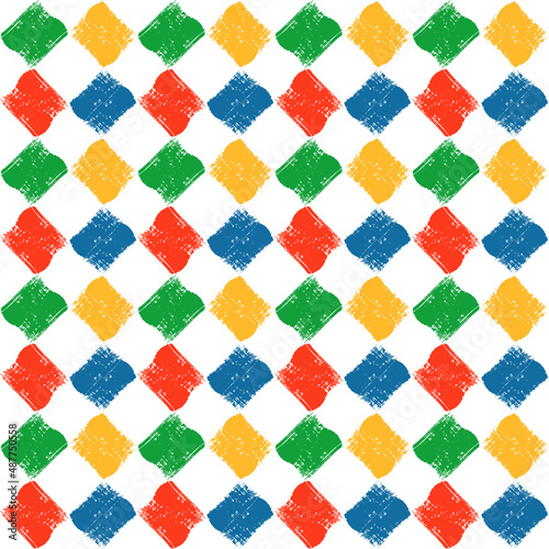 Colorful harlequin seamless pattern in red, yellow, blue, and green. Playing cards background. Vector wallpaper.